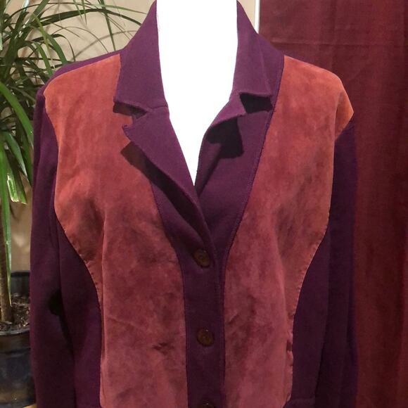 Jones NY Brown Suede Sweater Jacket Plum Knit Back and Sleeves 1X - Picture 1 of 6